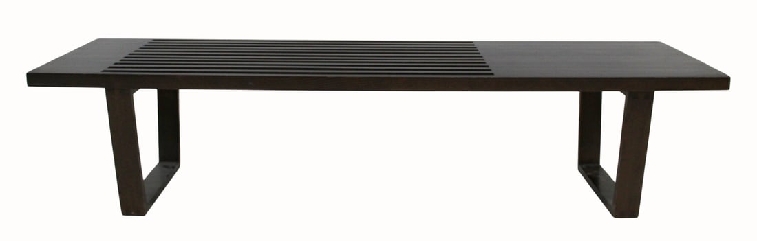 Midcentury Slatted Bench After George Nelson.: Good size. Marked, Made in Yugoslavia". In nice original condition. From a Mamaroneck, NY estate. - Dimensions: 14" h x 60" w x 17" d.