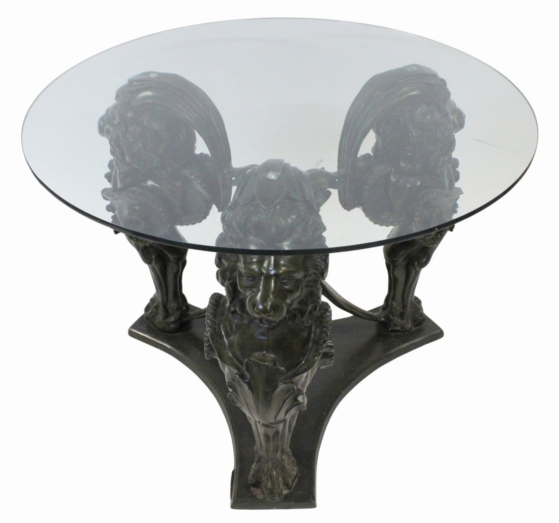 Large & Impressive Patinated Bronze Lion Table.: Large, well executed with nice patina, glass top and signed A. J. Rock. From a Queens, NY estate. - Dimensions: Bronze 32" x 34" & Glass 41" dia