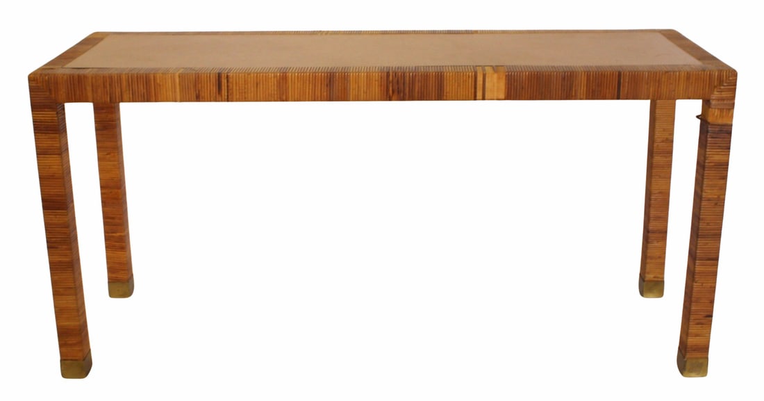 Midcentury Caned Console Table.: From a Scarsdale, NY estate. - Dimensions: 29" h x 60" w x 20" d.