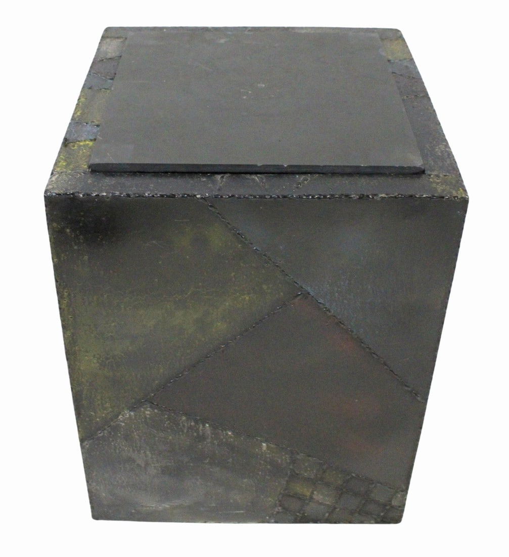 PAUL EVANS Slate Top Cube Table.: Nice original cube in mixed metal with slate insert. Apparently unsigned. From a Shelby, MA estate. Dimensions: 18.25" h x 18" w x 18" d.