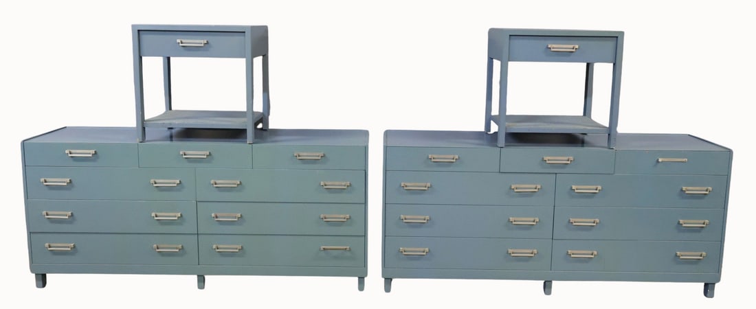 BAKER Signed Midcentury Bedroom Suite.: To include a pair of nightstands (22" h x 22" w x 19" d) and a pair of dressers (30" h x 60" w x 19" d). From a Scarsdale, NY estate.