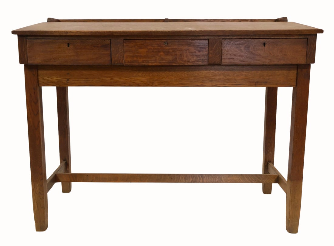 Antique Arts & Crafts Style Oak Desk.: Tall and wide with 3 drawers. From a Scarsdale, NY estate. - Dimensions: 47" h x 60" w x 31" d.