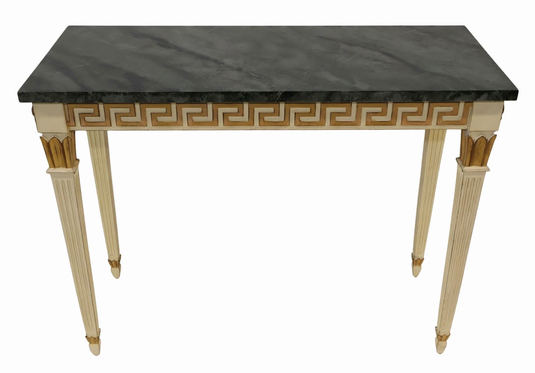 Neoclassical Style Carved & Gilt Decorated.: Console Table With Faux Marble Top. From a Greenwich, CT estate. - Dimensions: 32" h x 43" w x 18" d.