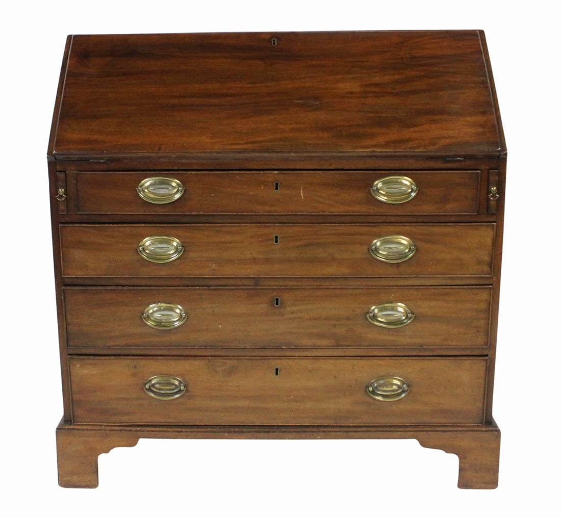 Antique Mahogany Slant Front Desk.: Nicely polished, graduated drawers and raised on bracket feet. From a Greenwich, CT estate. - Dimensions: 42" h x 22" w x 40" d.