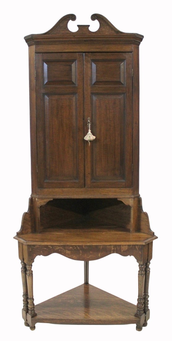 Antique English Oak Corner Cabinet On Stand.: Nice original cabinet with 2 doors over. From a Greenwich, CT estate. - Dimensions: 88" h x 39.5" w x 22" d.