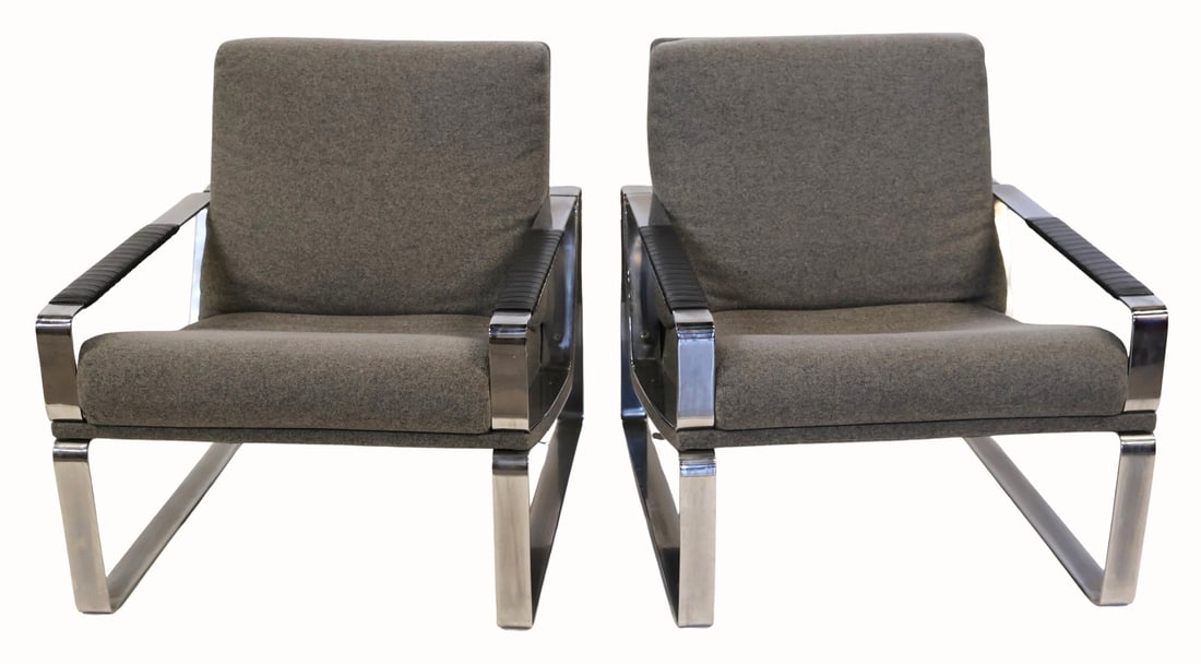 Midcentury Pair of Chrome Lounge Chairs.: Heavy and quality with great lines and marked Tulip Inc. From a Park Ave, NYC estate. - Dimensions: 28" h x 26" w x 33" d.