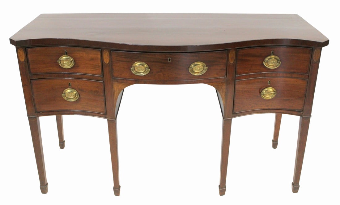 Antique Mahogany Sideboard with Serpentine Front.: Nice size, shape with inlay. From a Greenwich CT estate. - Dimensions: 36.5" h x 60" w x 26" d.