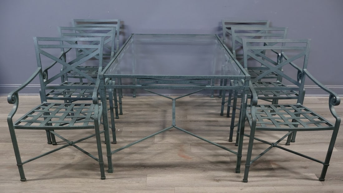 BROWN JORDAN Patinated Metal Table & Chairs.: To include a table with glass top (29" h x 37" w x 61" d) and 6 chairs (35" h x 22" w x 24" d). From a Greenwich, CT estate.
