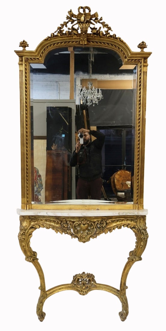 Louis XV Style Finely Carved Giltwood Mirror &: Console. Good large size, finely carved, nice patina with marbletop. From an Park Ave, NYC estate. Dimensions: Base: 33" h x 41" w x 14" d.