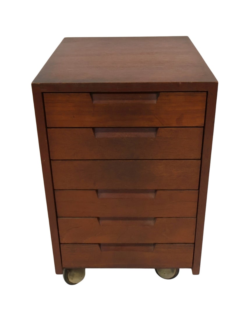 GEORGE NAKASHIMA (American, 1905-1990).: NAKASHIMA STUDIO Pedestal Stand on casters. Please see receipts from Nakashima for desk and this pedestal stand. From the collection of Al Frantz. - Dimensions: 24.75" h x 15.5" w x 19.5" d....Comes w