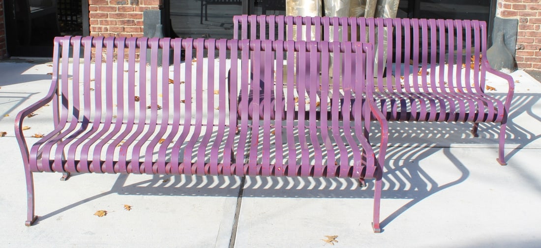 Midcentury Pair Of Iron Benches.: Heavy duty and quality. From a Brooklyn, NY estate. - Dimensions: 33.5" h x 72.5" x 28"