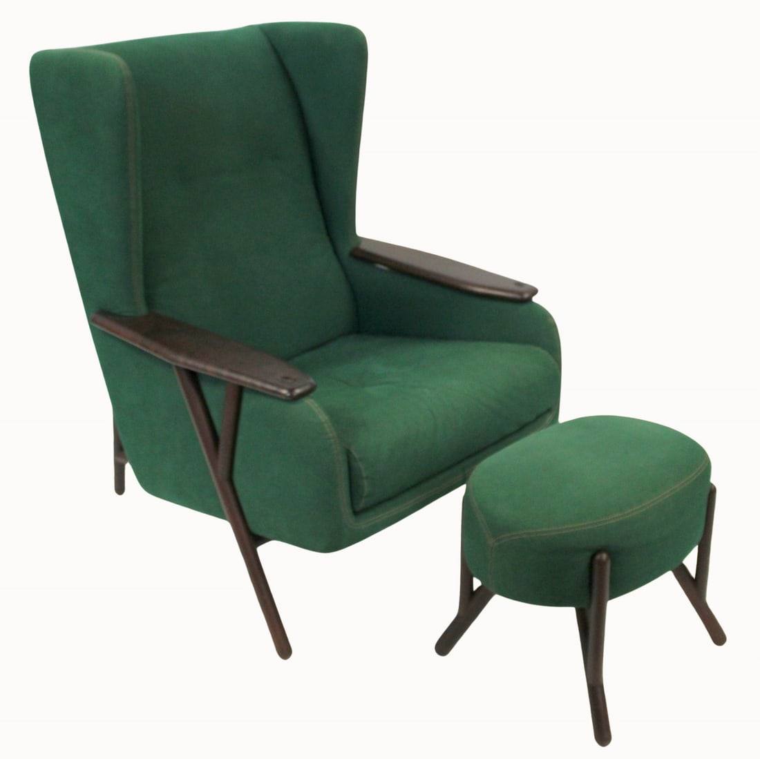 PAULO ALVAREZ Upholstered Wingback Chair & Ottoman: From a Queens NY estate. Dimensions: 44" h x 32" w x 35" d & Ottoman 16" h x 20" w x 17" d.