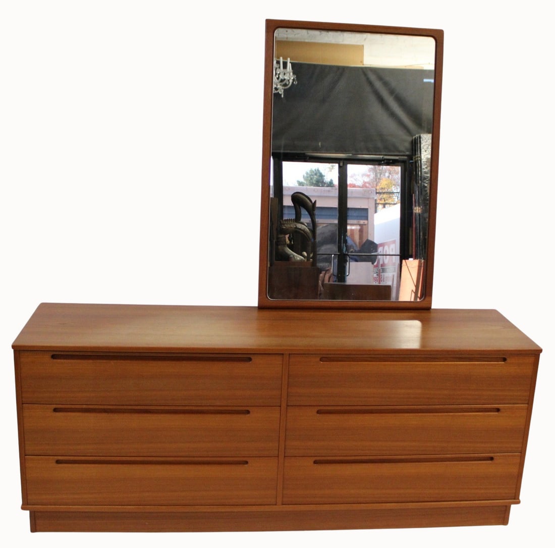 Danish Modern Dresser & Mirror.: Design by Torrig and label on back. From a Queens, NY estate. - Dimensions: 28.5" h x 71" w x 18.5" d