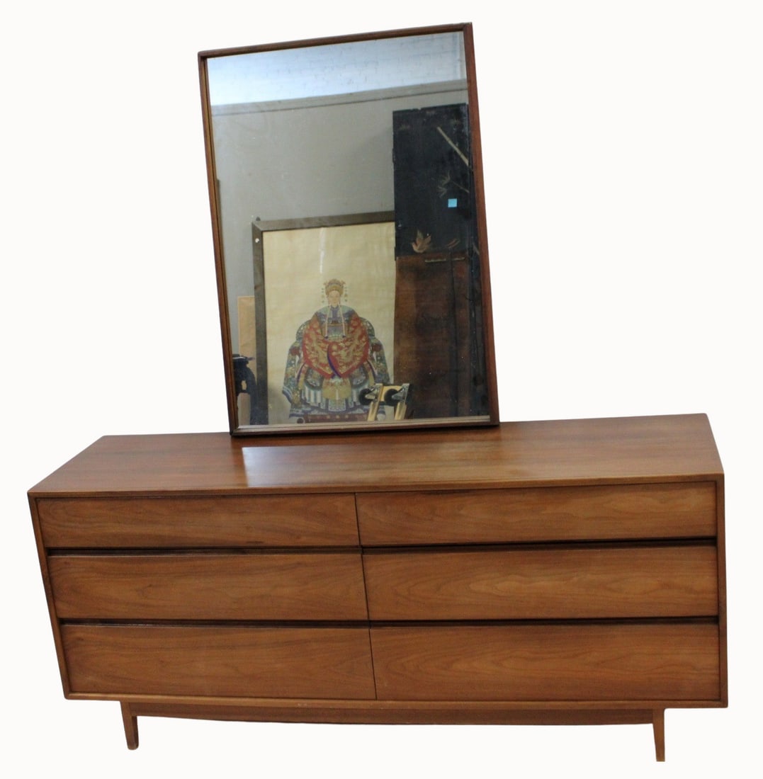 Danish Modern Teak Dresser & Mirror.: Multi drawer teak (29" h x 66" w x 18.5" d) and mirror (28.25" x 41"). From a Queens, NY estate.