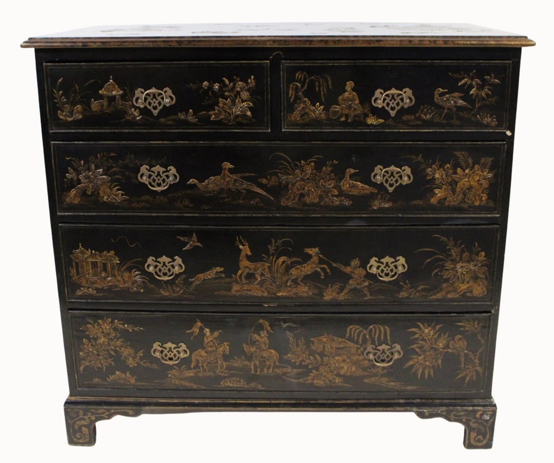 19th Century Chinoiserie Decorated Dresser.: Nicely decorated. 2 over 3 drawer raised on bracket feet. From an Eastside, NYC mansion. - Dimensions: 40" h x 42.25" w x 21" d