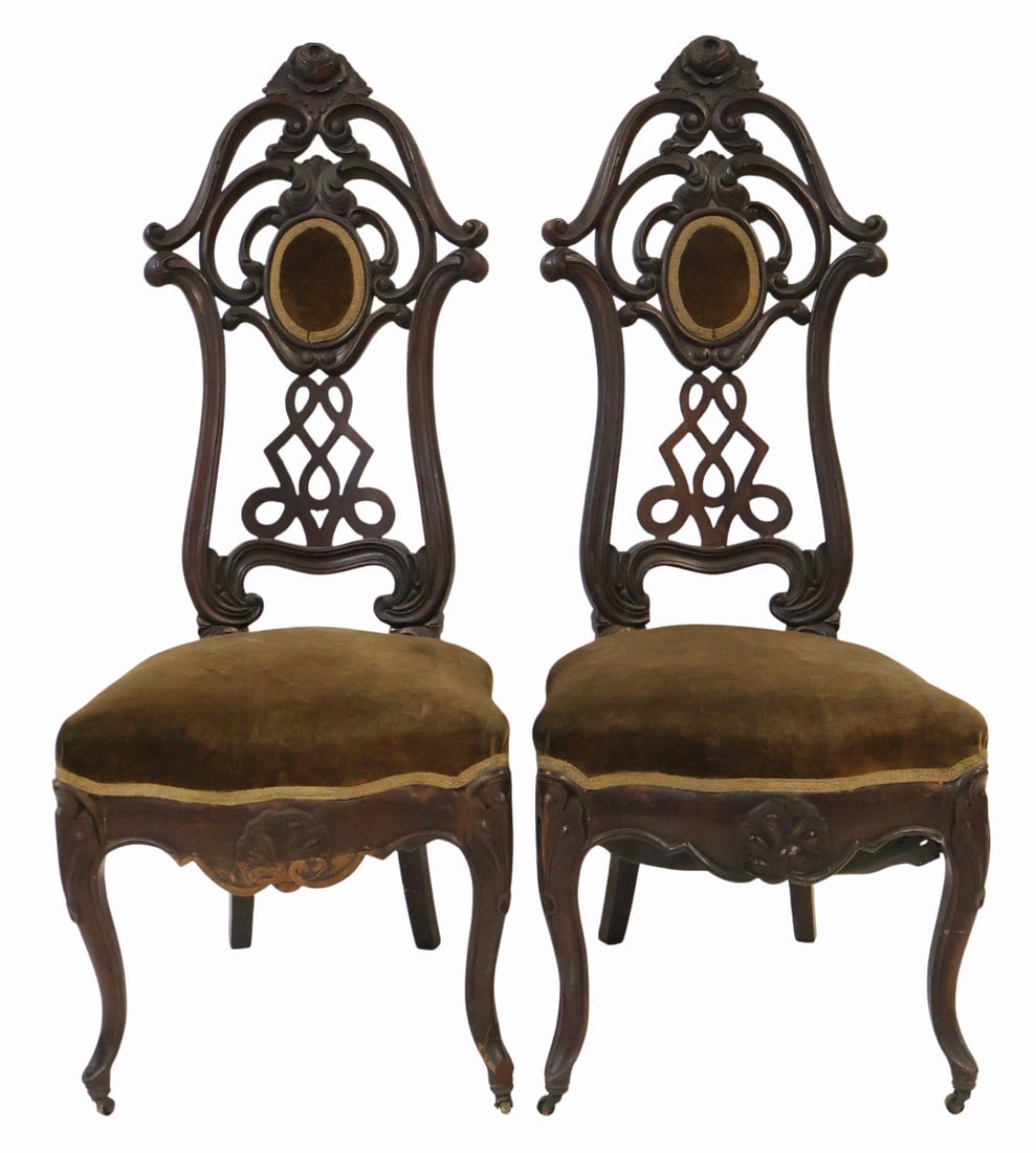 Attrib. To Belter Pair Of Victorian High Back Hall: Chairs. From a Port Chester, NY estate. - Dimensions: 44.25" h x 18" w x 19.5" d