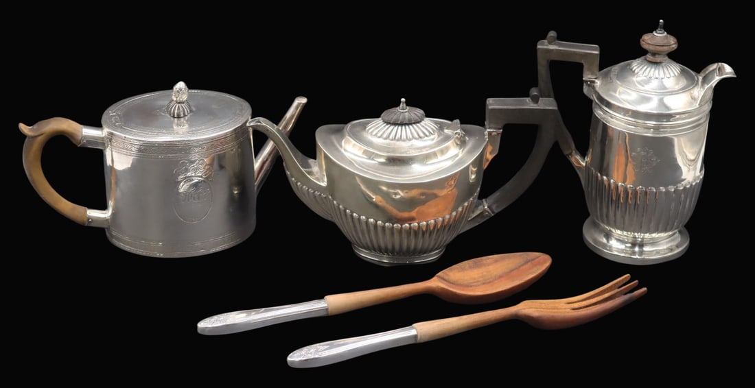 SILVER. Collection of Silver Hollowware & Flatware: Includes a monogrammed late 18th C Edward Cooper English silver teapot with carved wood handle - London, Edward Cooper, 1777; a monogrammed Henry Stratford English silver teapot with carved wood handl
