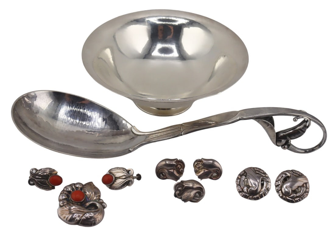 STERLING. Collection of Georg Jensen Jewelry and: Hollowware. Includes a Georg Jensen Danish sterling compote, no. 575C, designed by Harald Nielsen; a Georg Jensen Danish sterling 'peapod' serving spoon, no. 141; a 3 pc. Georg Jensen sterling jewelry