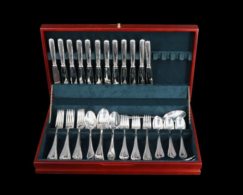SILVERPLATE. Christofle Malmaison Flatware Service: Comprised of (12) forks - approx. 7 3/8"; (12) salad forks - approx. 6 1/2"; (12) spoons - approx. 7 1/2"; (12) teaspoons - approx. 6"; (12) teaspoons - approx. 6"; (1) solid