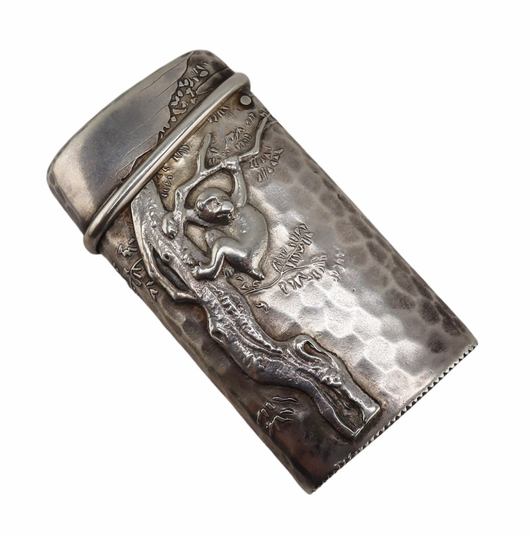 STERLING. 19th C Tiffany & Co. Silver Vesta/Match: Case. Beautiful late 19th century Tiffany & Co. Japanese inspired sterling vesta or match case displaying a monkey in a tree and a crane. Stamped to the interior rim, "26 Tiffany&Co Sterl