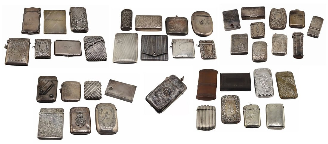SILVER. Large Group of Assorted Silver Objects.: Includes an American sterling vesta/match case, no. 65; a monogrammed French .800 silver vesta/match case; a silver-tone Pan-American Exposition 1901 vesta/match case; a monogrammed sterling vesta/mat