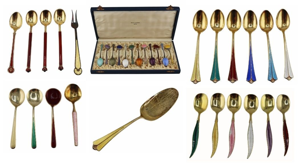 STERLING. Collection of Sterling and Enamel: Spoons and Serving Pieces. Includes a David Andersen gilt sterling and yellow enamel serving spoon; (6) Ottar Hval gilt sterling and multi-color enamel spoons with feather form handles - losses/discol
