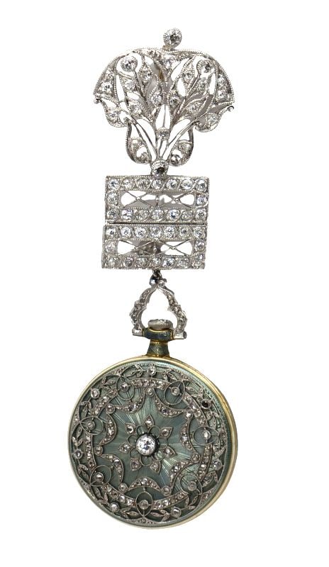 JEWELRY. Longines 18kt Gold Guilloche, and Diamond: Pendant Watch. A well-executed Swiss Longines triple-signed lady’s 18kt yellow gold, platinum, guilloche, and diamond-accented open-face pocket watch pendant. This pocket watch features a caseba