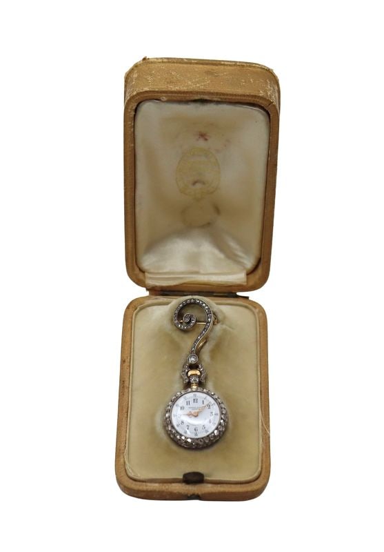 JEWELRY. Cased Antique Henry Capt Gold and Diamond: Lapel Watch. A remarkable and exquisitely executed Henry Capt lapel / pendant watch, masterfully cased in gold and lavishly adorned with rose-cut diamonds, exemplifying the union of fine horology
