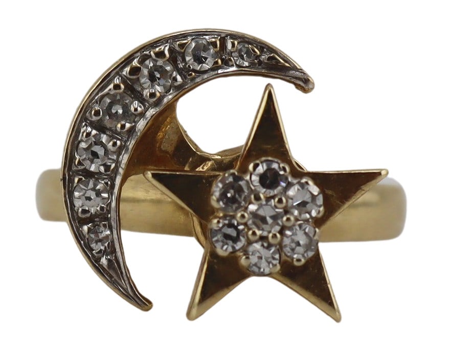 JEWELRY. Signed LLS 14kt Gold and Diamond Ring.: Signed LLS 14kt yellow gold ring displaying a central five point star with central cluster of (7) single cut diamonds with a surround of a rotating crescent moon accented by a tapered band of (7) sing