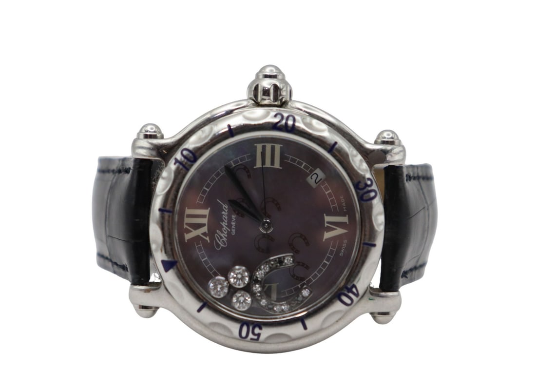 JEWELRY. Chopard Happy Sport Horseshoe Diamond: Watch. A Chopard Happy Sport Floating Horseshoe stainless steel quartz watch. This watch by Chopard features a 38mm (excluding crown) stainless steel round watch case, unidirectional bezel accented wi