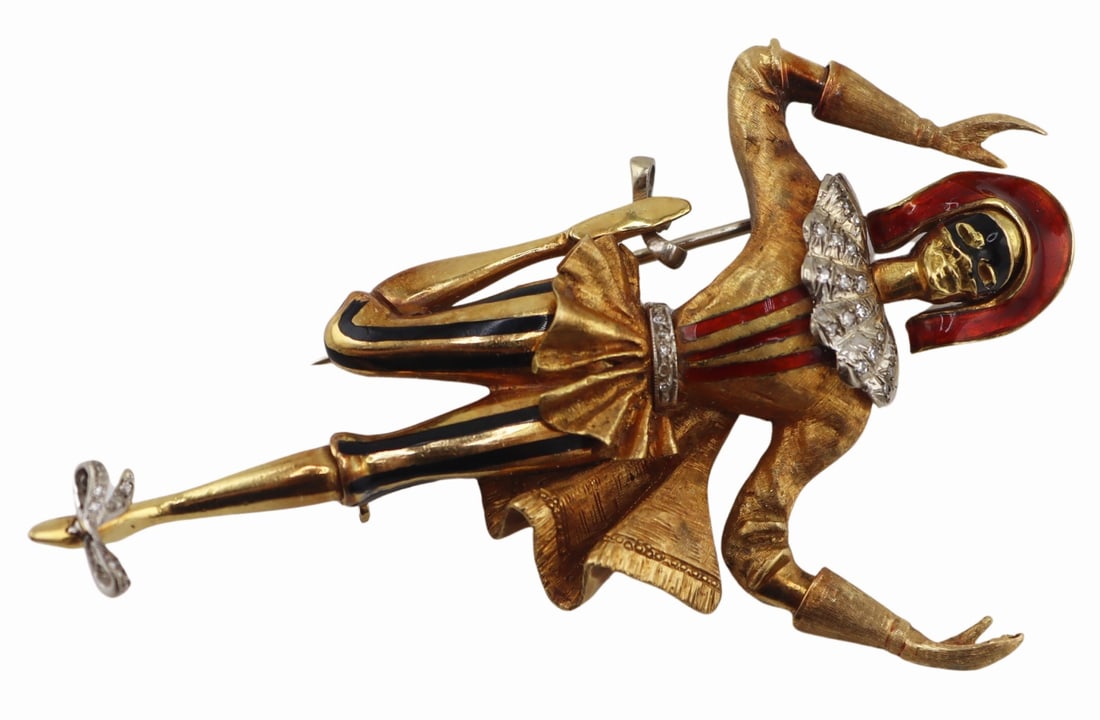 JEWELRY. Italian 18kt Gold, Enamel and Diamond: Figural Brooch. Italian 18kt yellow gold brooch of a Venetian court jester displaying red and black enamel work accented by pave diamonds to the belt and ruffled collar. Stamped, "750 35" wi