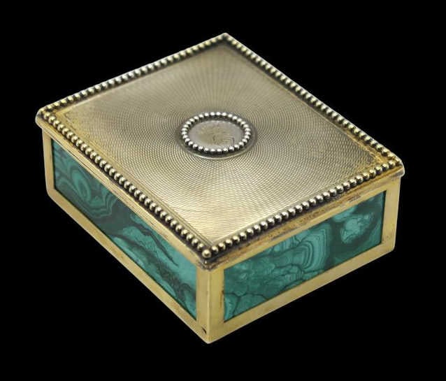 SILVER. English Gilt Silver and Malachite Box.: An elegant English gilt silver Victorian dresser box by Francis Douglas, London, 1854. The rectangular form is adorned with four inset malachite panels. the removable lid features a Clue de Paris styl
