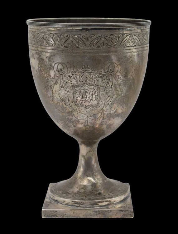 SILVER. John or Joel Sayre Coin Silver Goblet.: A finely crafted coin silver goblet, executed by John or Joel Sayre, New York. The substantial goblet rests on a raised square base and features elegant chased decoration with a punch-dot border and l