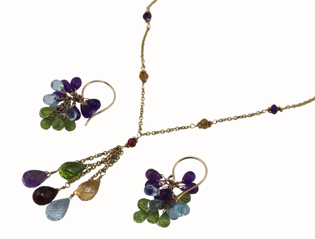 JEWELRY. 14kt Gold and Gem Necklace and Earrings.: Includes a pair of 14kt yellow gold drop form earrings displaying tiered faceted blue, faceted purple, and faceted greens gems - stamped, "14K". Also included is a signed RCI 14kt yellow gol