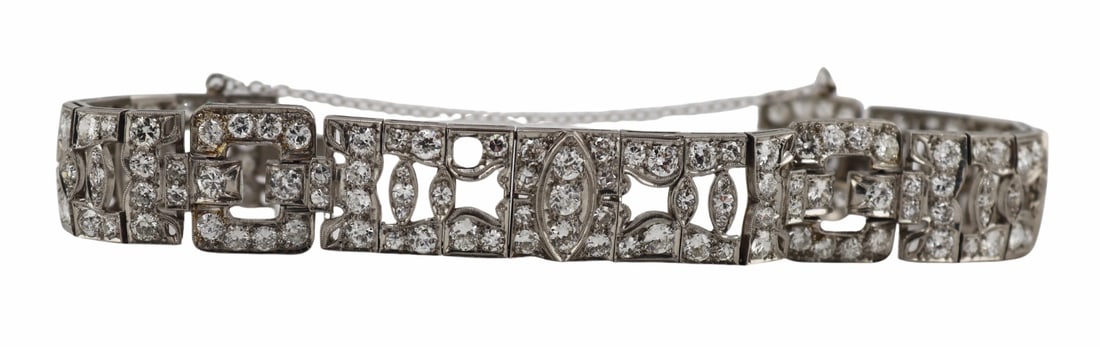 JEWELRY. Art Deco Platinum and Diamond Bracelet.: Art Deco platinum bracelet inlaid throughout with an array of Old European cut and single cut diamonds. Stamped, "10% Irid Platinum". Total approx. weight of the bracelet is 23.9 dwt (gross)
