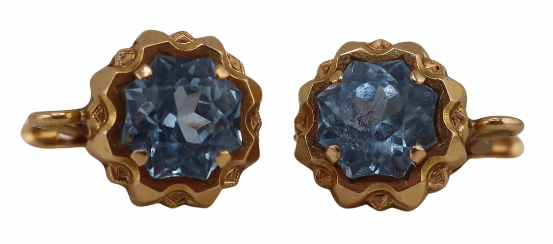 JEWELRY. 18kt Gold and Faceted Gem Earrings.: 18kt yellow gold mounted faceted blue gem, possibly Aquamarine, earrings with scalloped edge multi-tier surrounds. Stamped, "750" with a second illegible mark. Total approx. weight of the ea