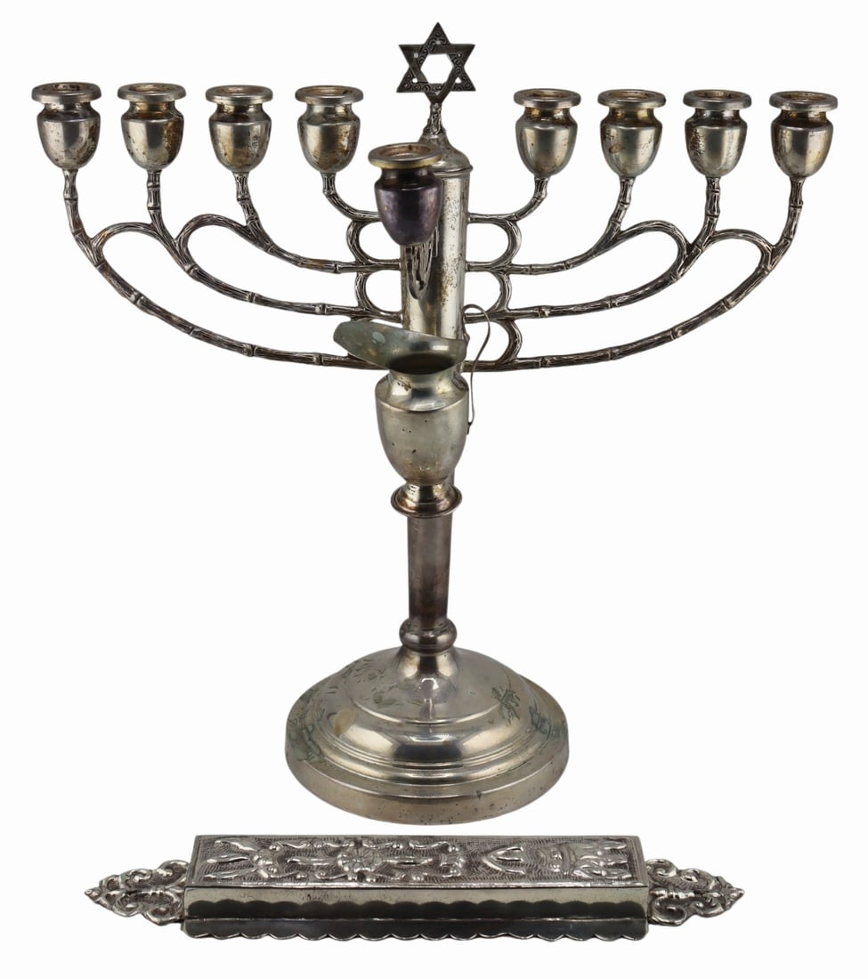 JUDAICA. Sterling Menorah Oil Lamp and Mezuzah.: Includes a Mexican sterling repousse mezuzah - stamped, "Sterling 925" with a Taxco "153" eagle; and a sterling oil lamp Menorah with Star of David finial, removable bobeches, and oil jug - stamped, "