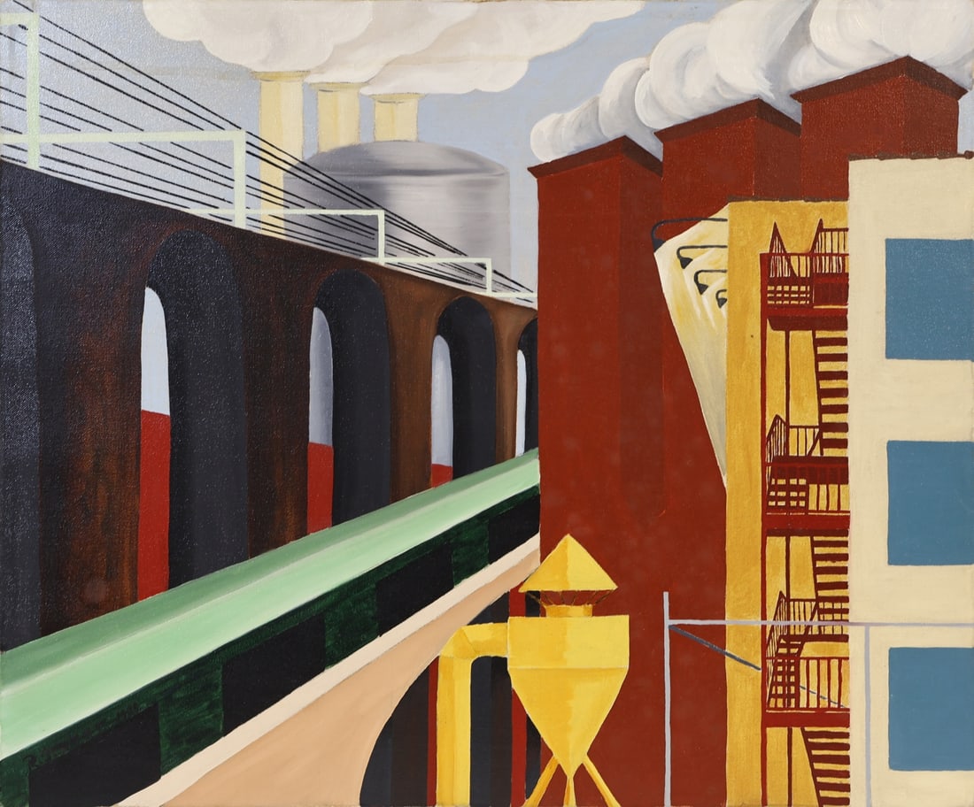 FOLLOWER OF CHARLES SHEELER.: Cityscape, 1988. Oil on canvas. Signed and dated lower right. Property from a Central Park West collection. Dimensions: 20" h x 24" w. Frame: 20.25" h x 24.25" w.