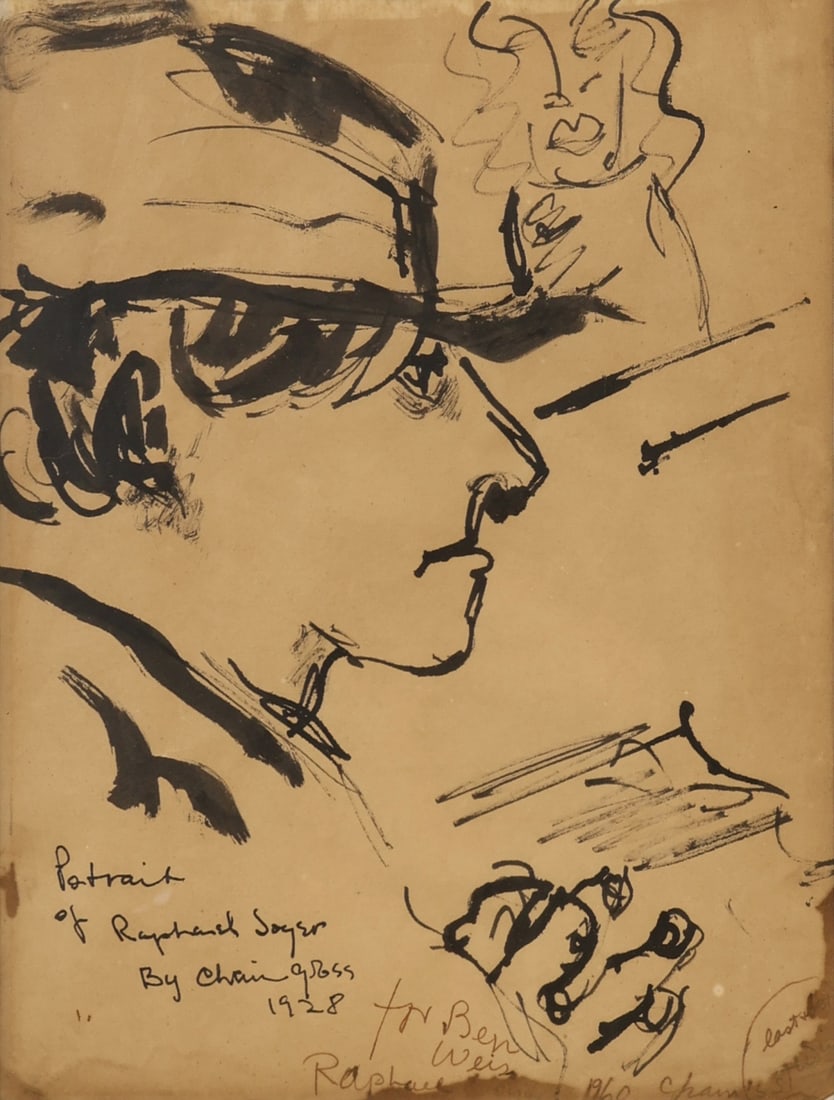 CHAIM GROSS (AMERICAN, 1904-1991).: Portrait of Raphael Soyer (1899-1987). 1928. Pen and ink on brown paper. Signed, titled, and dated lower left in ink. Artist dedication lower middle in ink. Provenance: Benjamin Weiss, NYC. Provenance