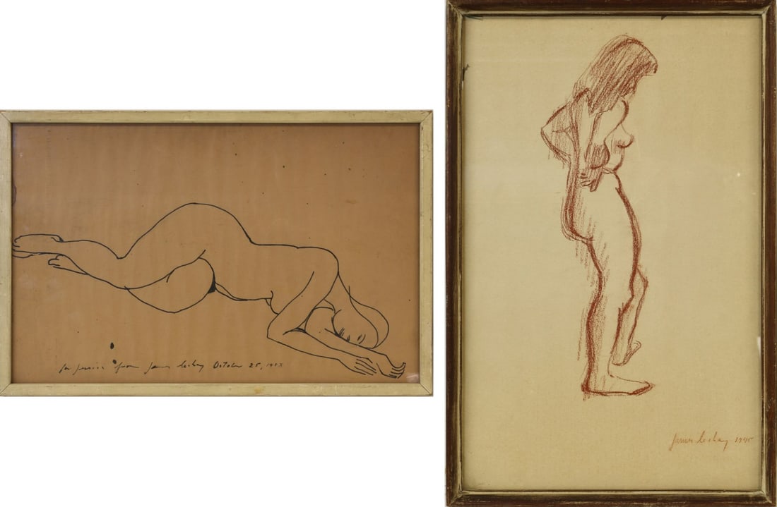 JAMES LECHAY (AMERICAN, 1907-2001) [2 WORKS].: Two Figure Drawings:(i) 'Untitled' (Reclining Female Nude). Pen and ink on brown paper. Signed artist dedication lower edge. (ii) 'Standing Female Nude'. 1945. Red conte crayon on paper. Signed and da