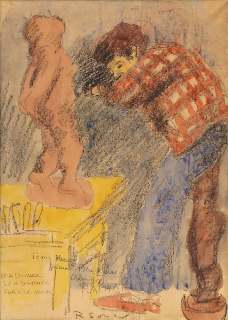 RAPHAEL SOYER (AMERICAN, 1899-1987) [2 WORKS].: Two Works on Paper: (i) Portrait of Chaim Gros Carving in his Studio'. Mixed Media, Watercolor, graphite, ink, and pastel on paper. Signed lower middle edge. Artist inscribed 'Of a schmuck, by a Schmu