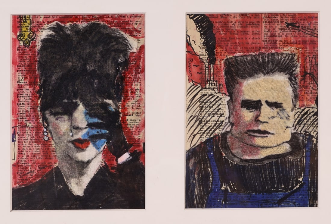 LARRY RIVERS (AMERICAN, 1923-2002).: 'Two Chelsea Hotel Portraits'.(i) Female with Handkerchief to Face'. Collage, fabric, colored marker, and ink on printed book page. Signed lower left. (ii) 'Male in Overalls'. Collage, fabric, colored