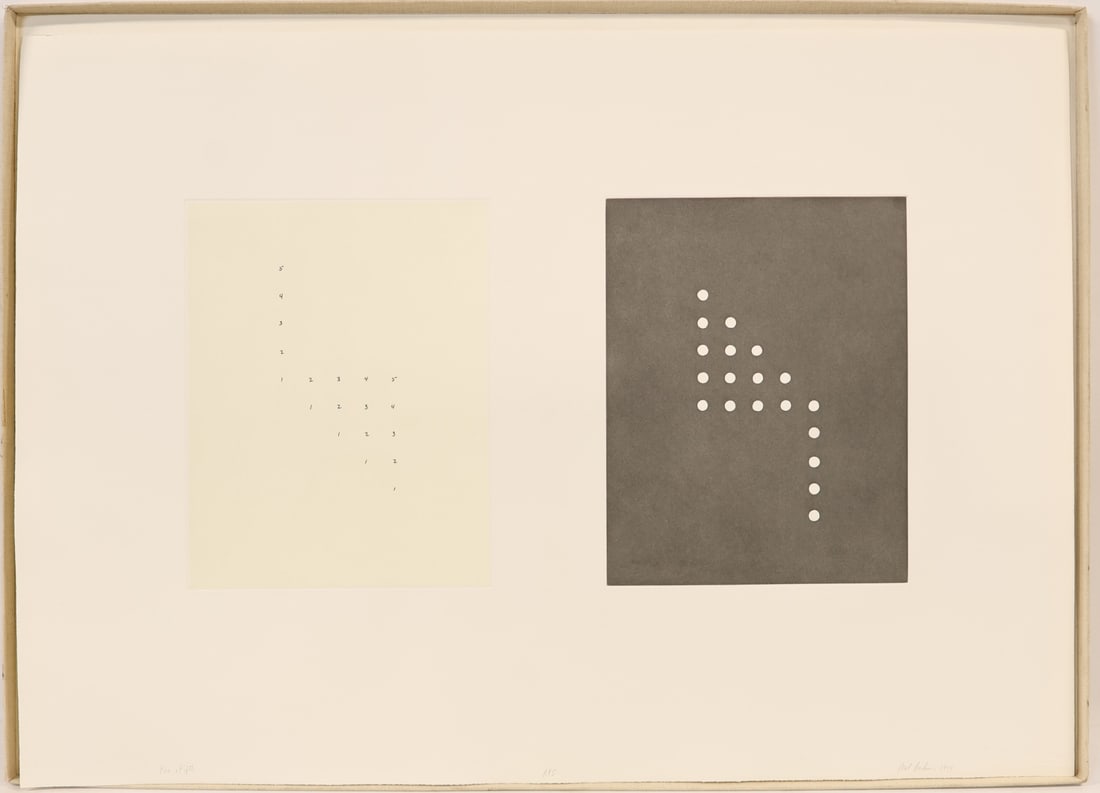 MEL BOCHNER (AMERICAN, 1940-2025).: 'QED' 1974. A portfolio of 4 etchings with aquatint on Rives BFK with Rives lightweight (china colle). Each signed, titled, and numbered 'AP5' lower middle and margins in pencil. Crown Point Press, Sa