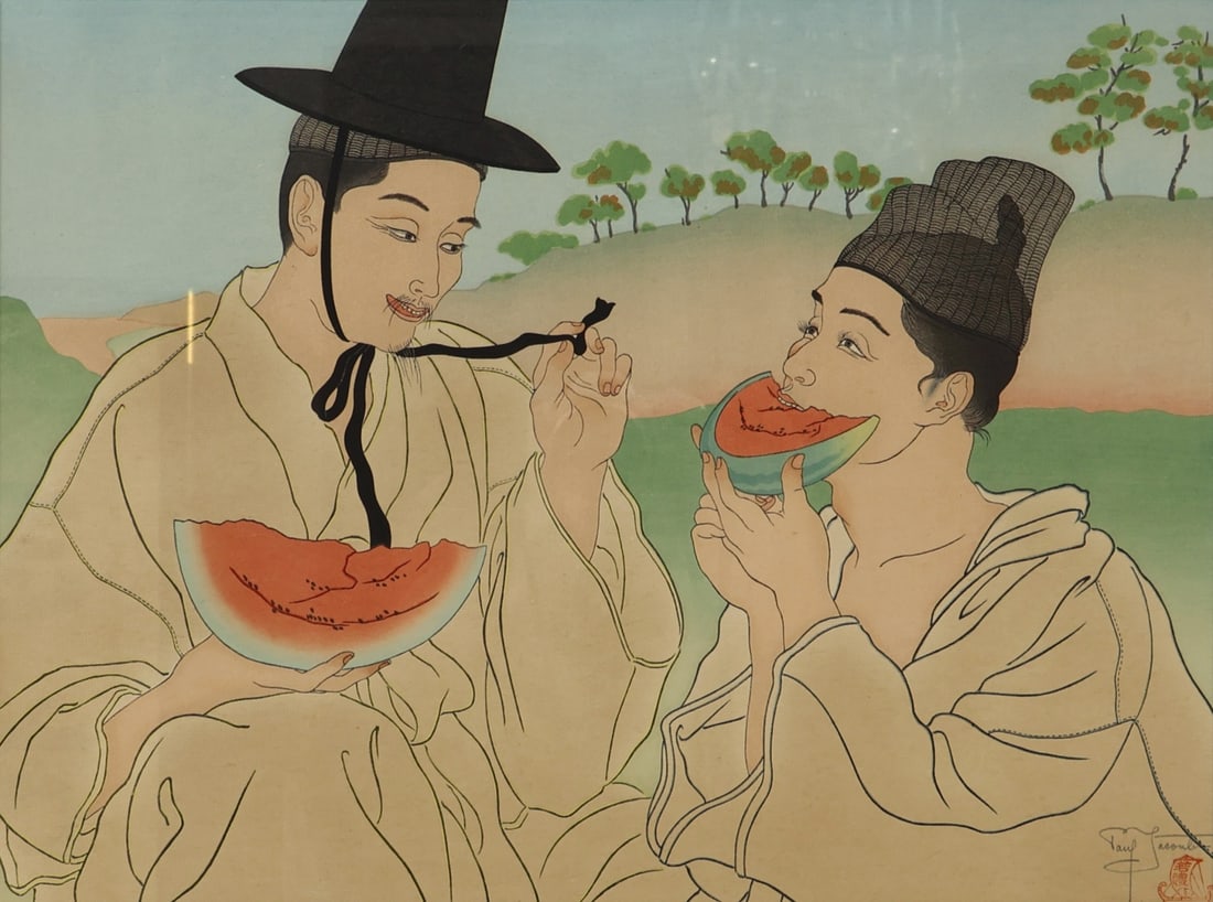 PAUL JACOULET (FRENCH, 1896/1902-1960).: 'Les Pasteques Jo-Hoku-Ri' (The Watermelons). Ukiyo-e Woodblock. Signed in pencil and with red boat seal lower right corner. Property of a Hamburg, NJ collection. Dimensions: Sight size: 11" h x