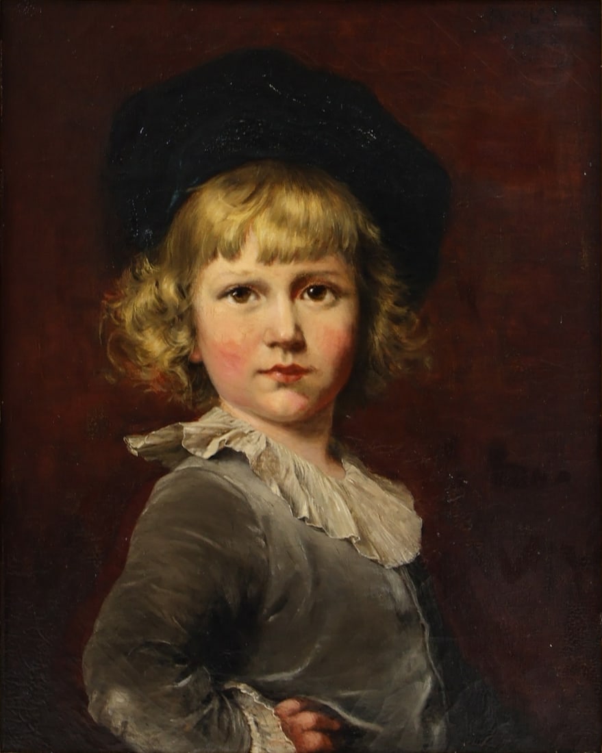 PHOEBE ANN PICKERING HOYT JENKS (USA,1847-1907).: 'Portrait of A Young Boy in a Hat'. 1882. Oil on canvas. Signed and dated upper right corner. Property of a Kingston, NY estate. Dimensions: 20" h x 16" w. Frame: 31.50" h x 27.50"