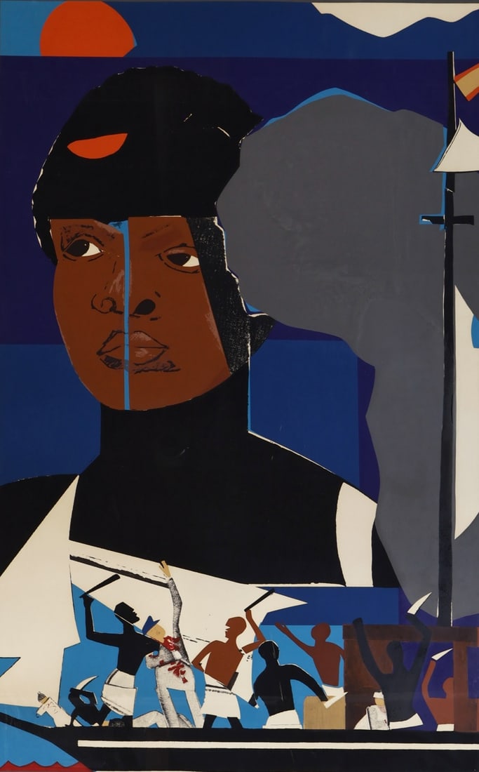 ROMARE BEARDEN (AFRICAN-AMERICAN, 1911-1988).: 'Slave Ship'. 1977. Screen Print in colors. Signed, artist inscribed dedication, and numbered '13/144" lower right in pencil. Property from the estate of Dr. John Henrik Clarke (1915-1998), Profe