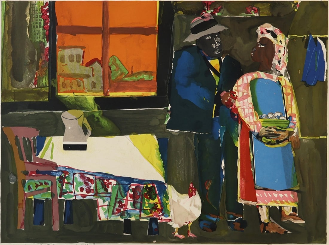 ROMARE BEARDEN (AFRICAN-AMERICAN, 1911-1988).: 'Morning of the Rooster'. ('Autumn of the Rooster'). Colored lithograph on Arches paper. Signed and numbered 'AD 10/20' lower margins in pencil. Artist inscribed dedication and title lower left in bla