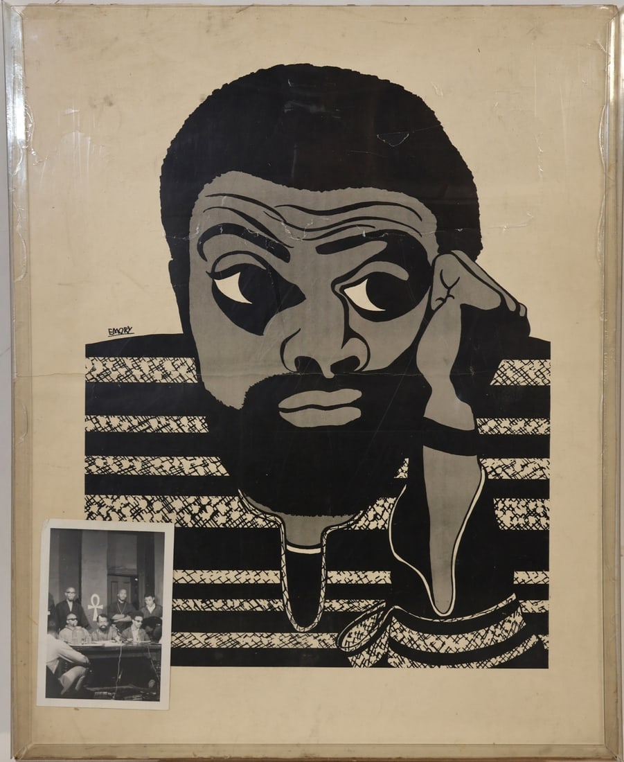 EMORY DOUGLAS (AFRICAN-AMERICAN, b. 1943).: 'Untitled Portrait of Leroi Jones or Ameri/Amiri Baraka (1934-2014)'. Circa 1968. Poster. Note: Framed with a black and white photo from the First Black Power Conference in Newark, NJ 1967. Property f