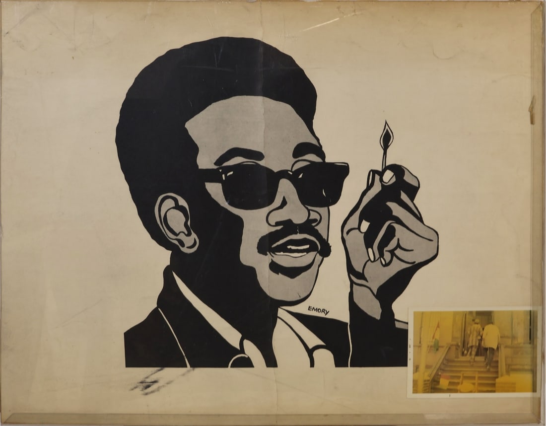 EMORY DOUGLAS (AFRICAN-AMERICAN, b. 1943).: Portrait of H. Rap Brown (1943-2025). ('Man With Match') Circa 1967. Poster. Note: Framed with a colored photo of figures entering a building. Property from the estate of Dr. John Henrik Clarke (1915-