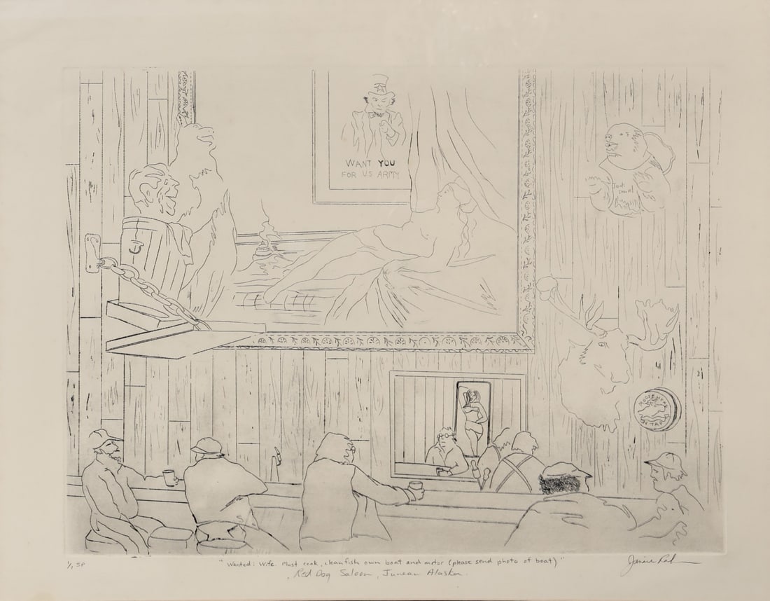 JANICE RAHN (CANADIAN, 20TH/21ST CENTURY).: 'Wanted: wife. Must cook, clean fish own boat and motor (please send photo of boat). Red Dog Saloon, Juneau Alaska'. Etching on paper. Signed titled, and numbered '1/1SP' lower middle and margins in p